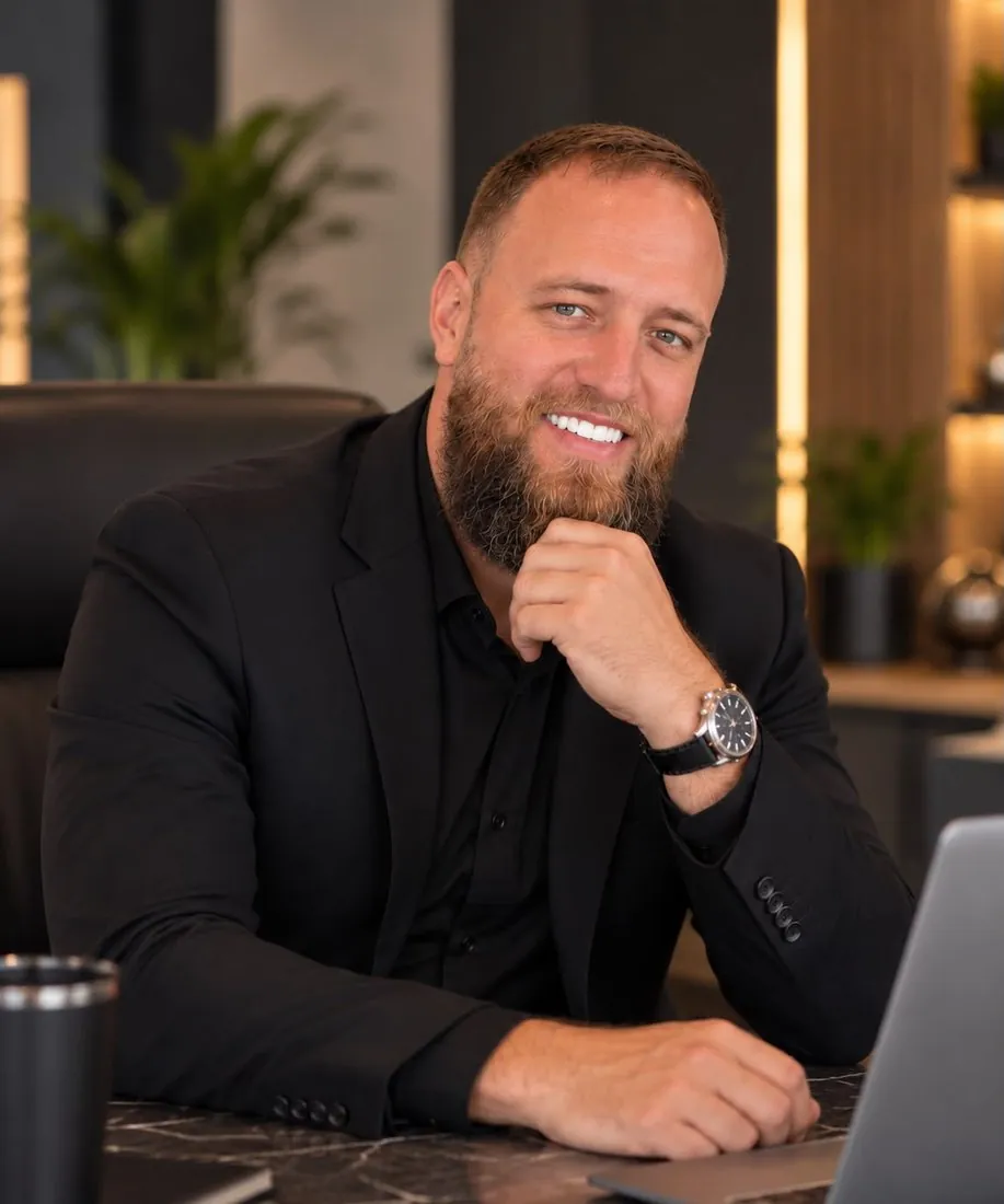 Patric Duarte sentado à mesa de trabalho, de blazer preto